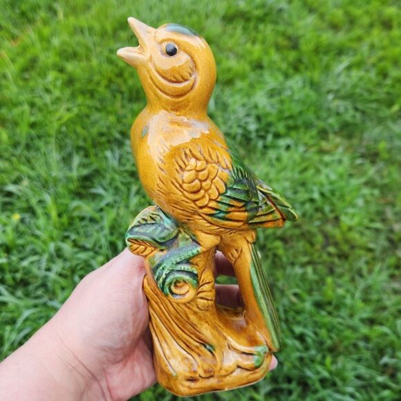 Vintage MCM Gold Finch Bird Figurine Beautiful Blue Green & Gold Glaze 11" Japan - Picture 5 of 12